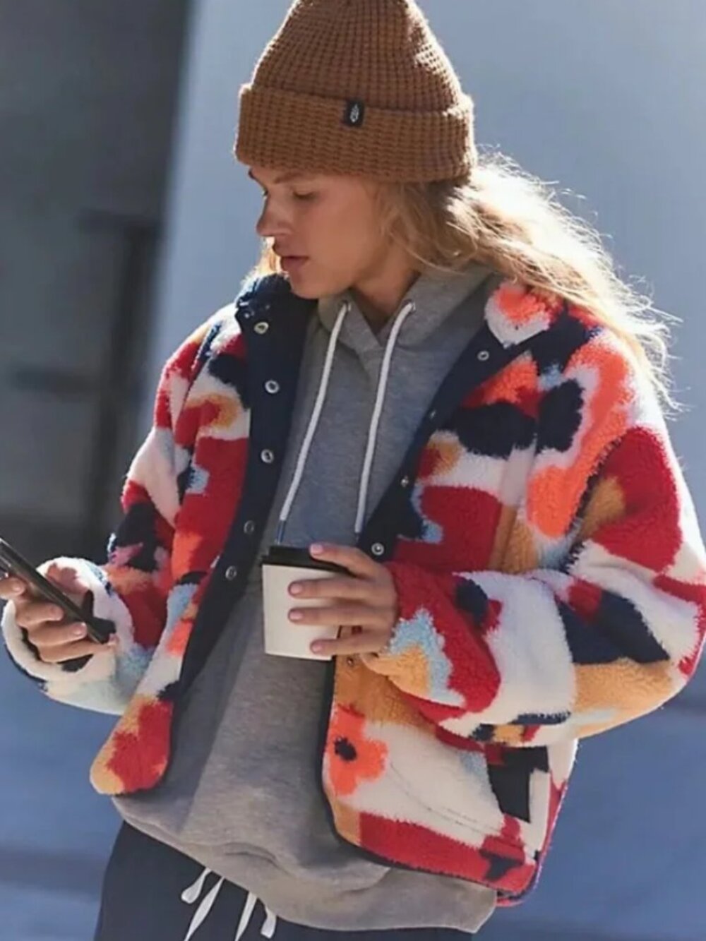 NWT Free People Hit The Slopes Printed Fleece Jacket in Coral Carpet Multi Combo